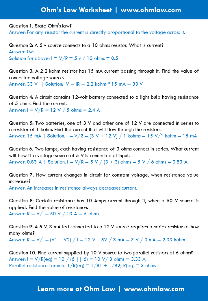 Ohm039s Law Worksheet Answers